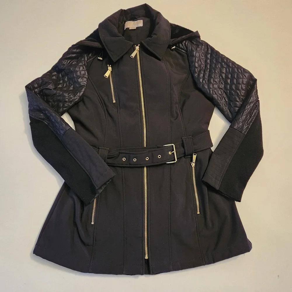 Michael Michael Kors Black Mixed Media Quilted Softshell Belted Hooded Jacket L